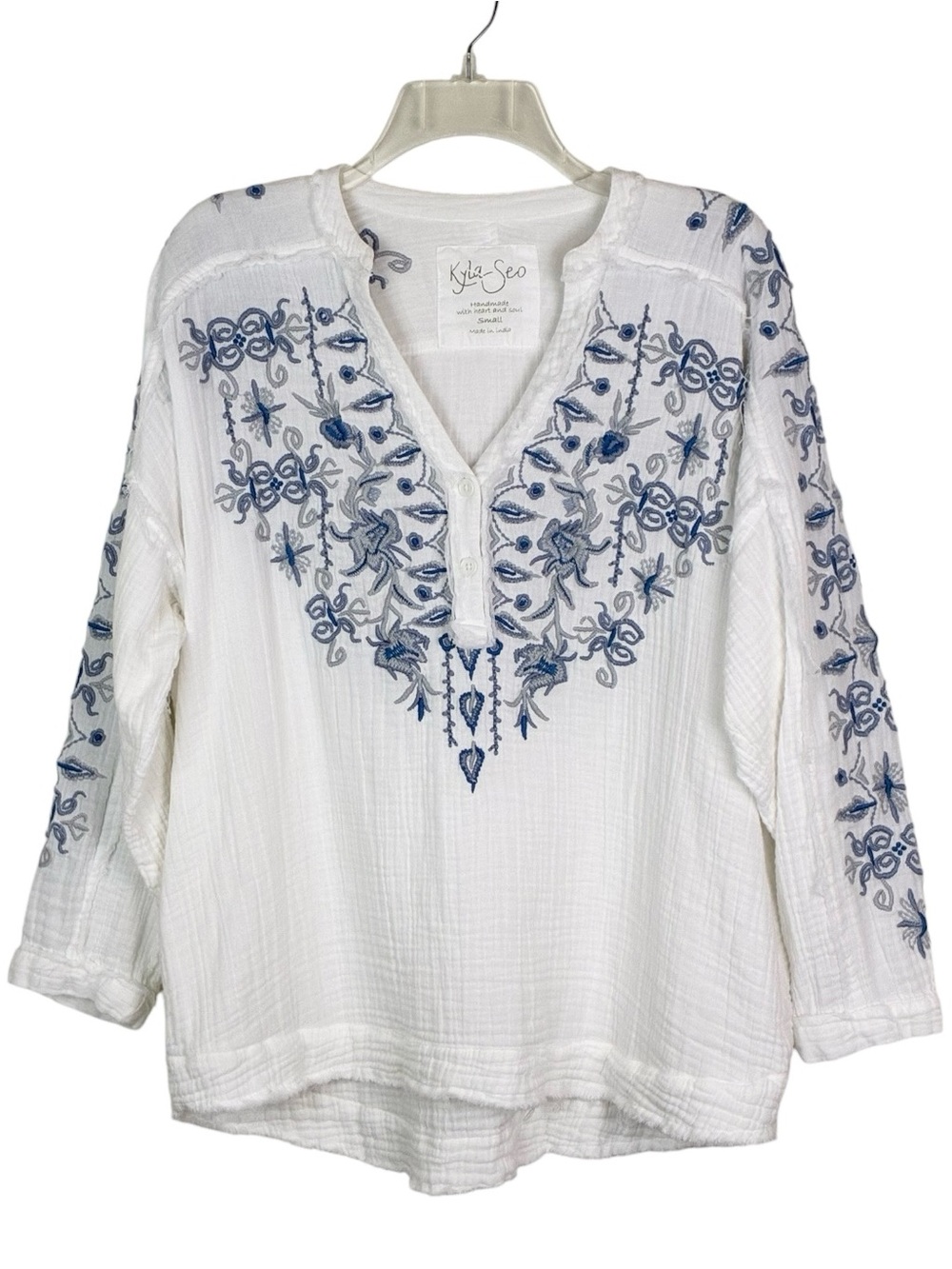 Kyla Seo White Blue Embroidered Oversized Pullover Top Size Small